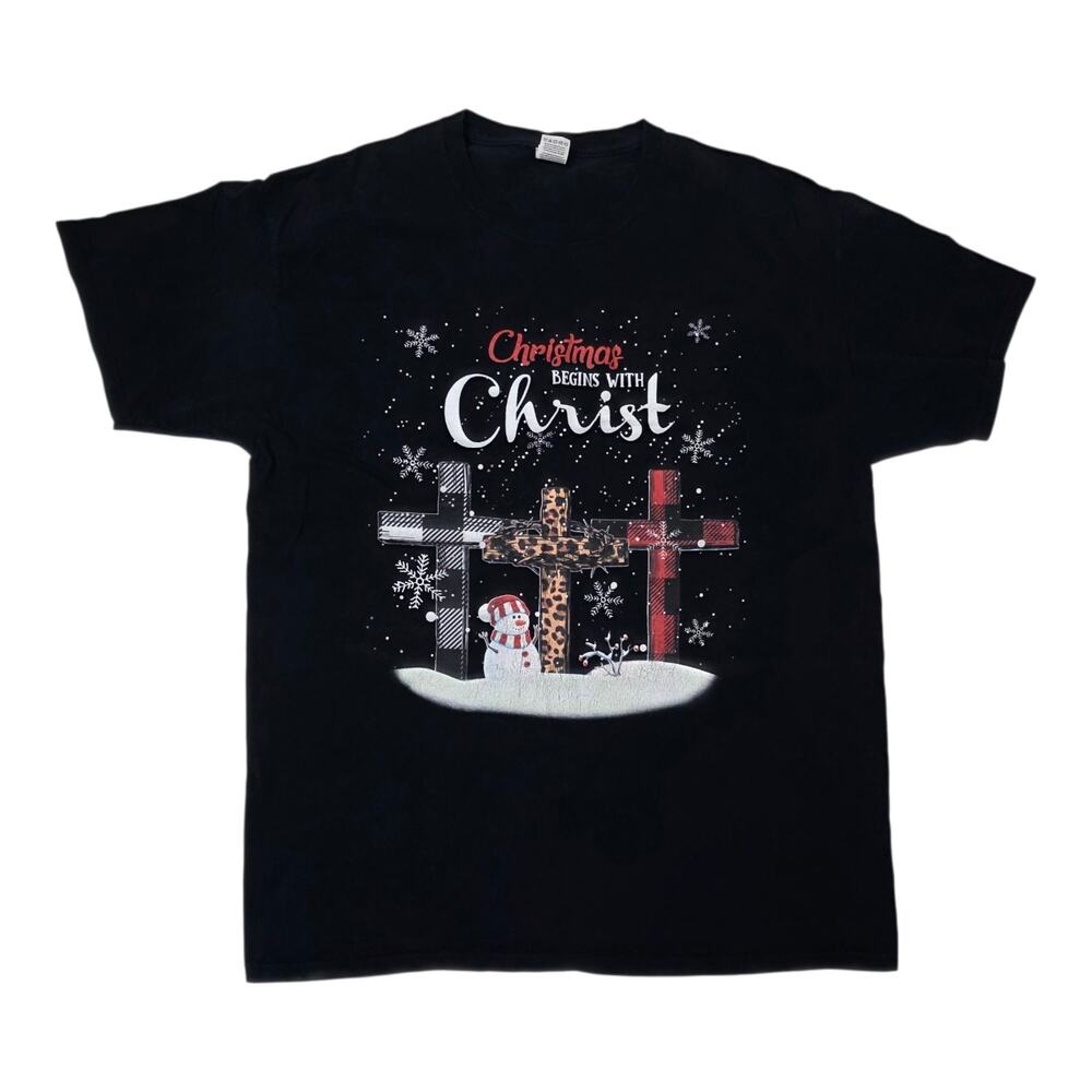 Christmas Begins With Christ Snowman Christian Cross T-Shirt - MADE IN USA